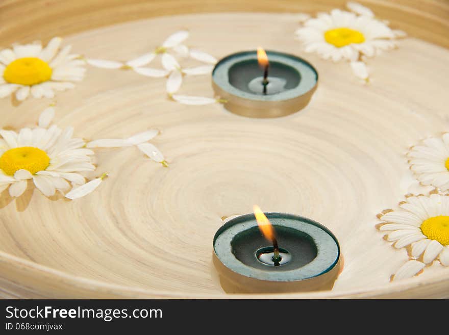 Two burning candles, heads of camomiles in a dish with water. Two burning candles, heads of camomiles in a dish with water