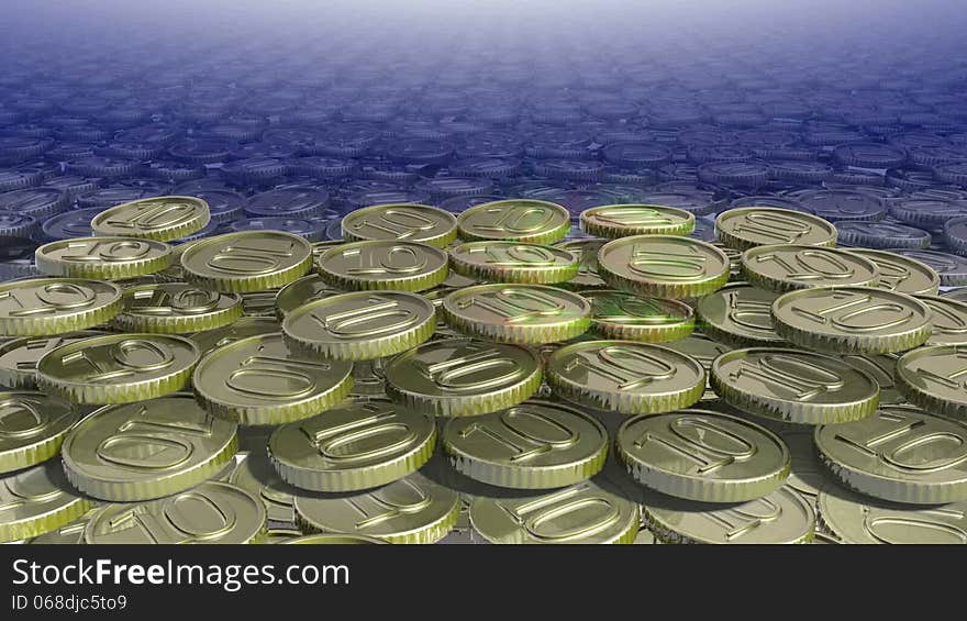 Shiny coin falls into pile of coins