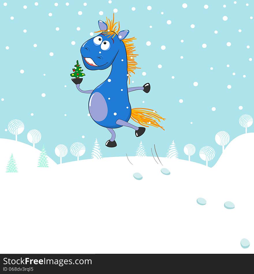 A small blue horse with a Christmas tree on a winter background. A small blue horse with a Christmas tree on a winter background