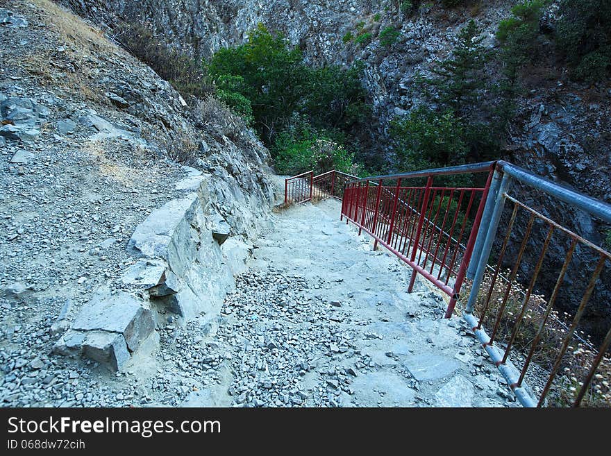 Landscape with staircase in rocky mountains in Cyprus.