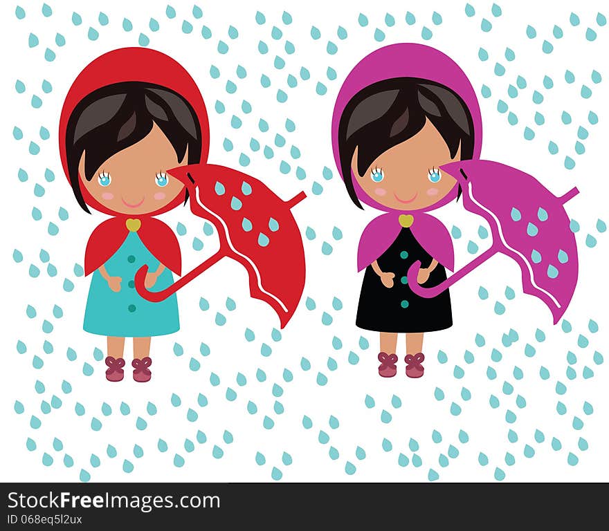 Illustration with two girls under the umbrella.