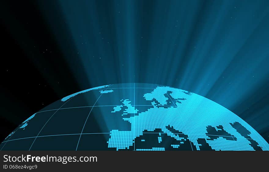 Background - an open space with the stars. Stylized Earth rotates, emitting luminous rays from continents. Background - an open space with the stars. Stylized Earth rotates, emitting luminous rays from continents