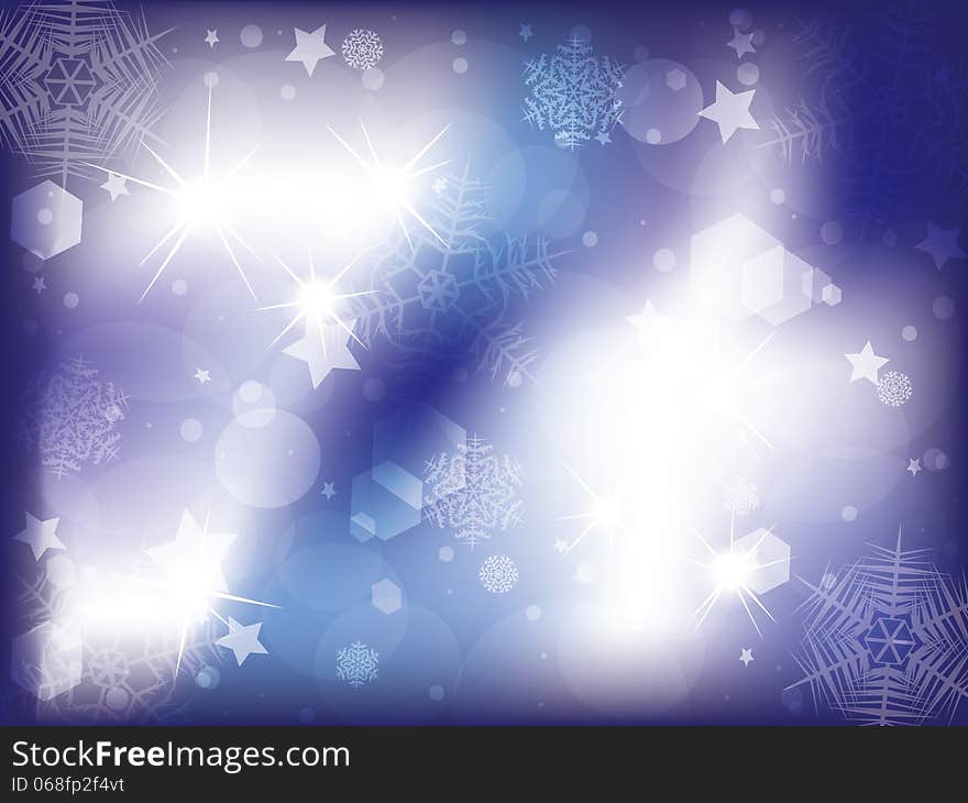 Blue Christmas background with snowflakes and stars.