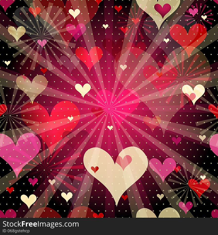 Vivid seamless valentine pattern with translucent gold and red hearts and rays (vector EPS 10)