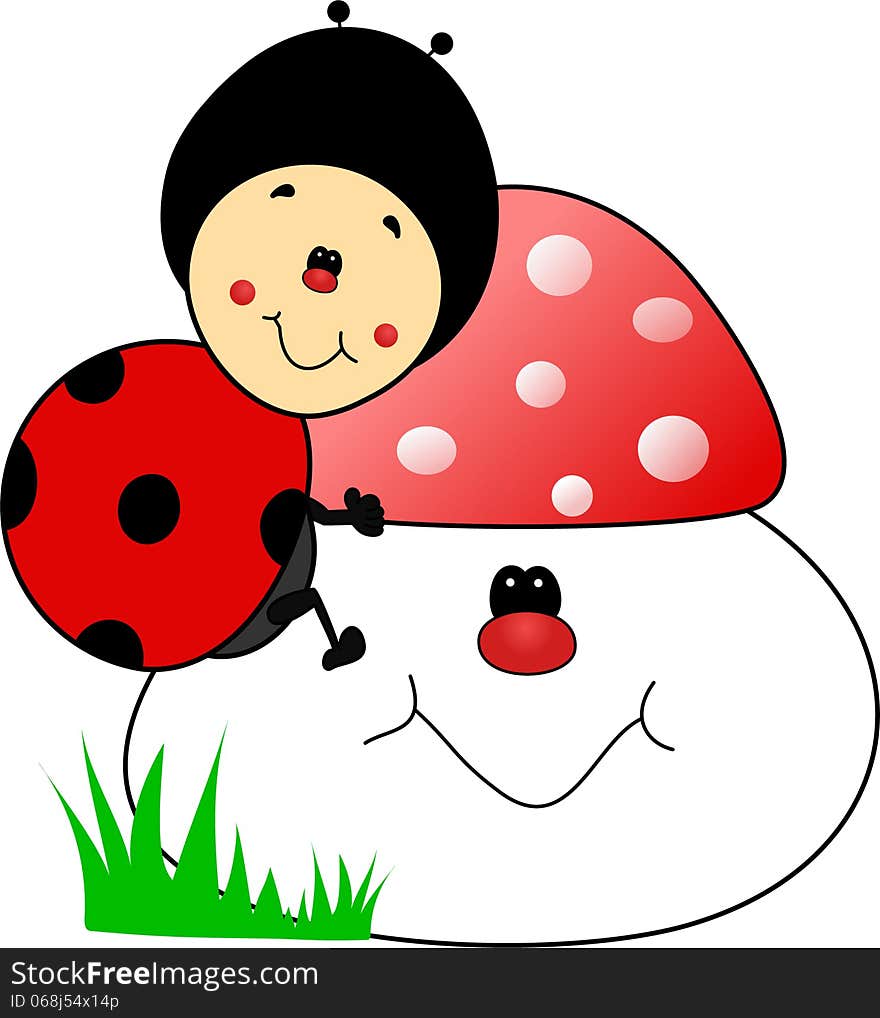 A lovely ladybug cartoon with her happy mushroom. A lovely ladybug cartoon with her happy mushroom