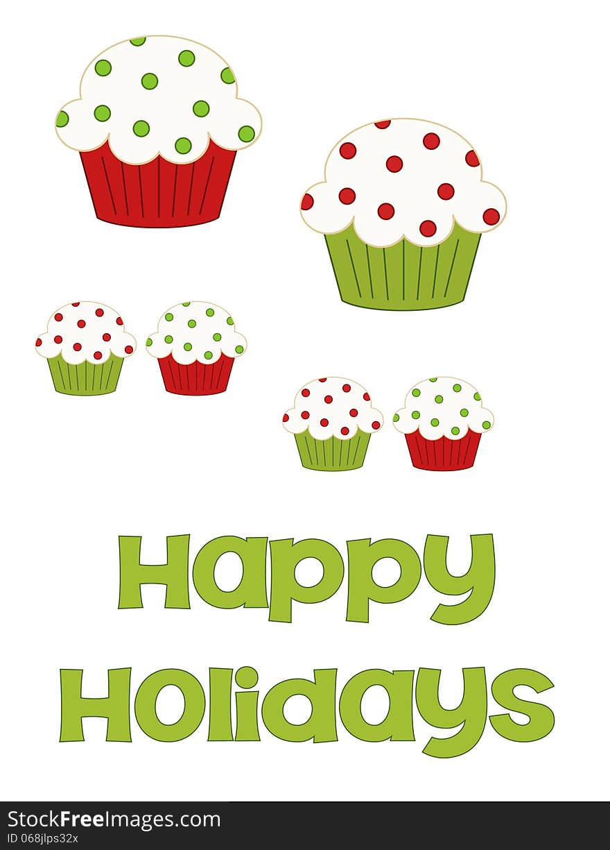 Red and green polka dot illustrated cupcakes in various sizes with the words Happy Holidays along the bottom to be used in crafting, scrap booking and card making. Red and green polka dot illustrated cupcakes in various sizes with the words Happy Holidays along the bottom to be used in crafting, scrap booking and card making.