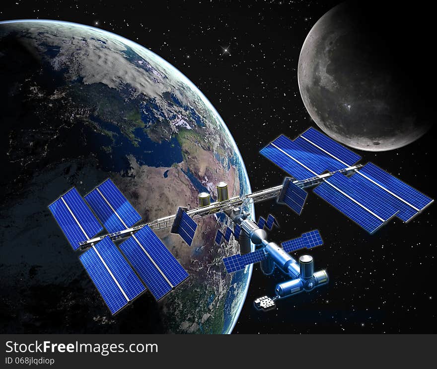 Satellite space station with earth and sun light background