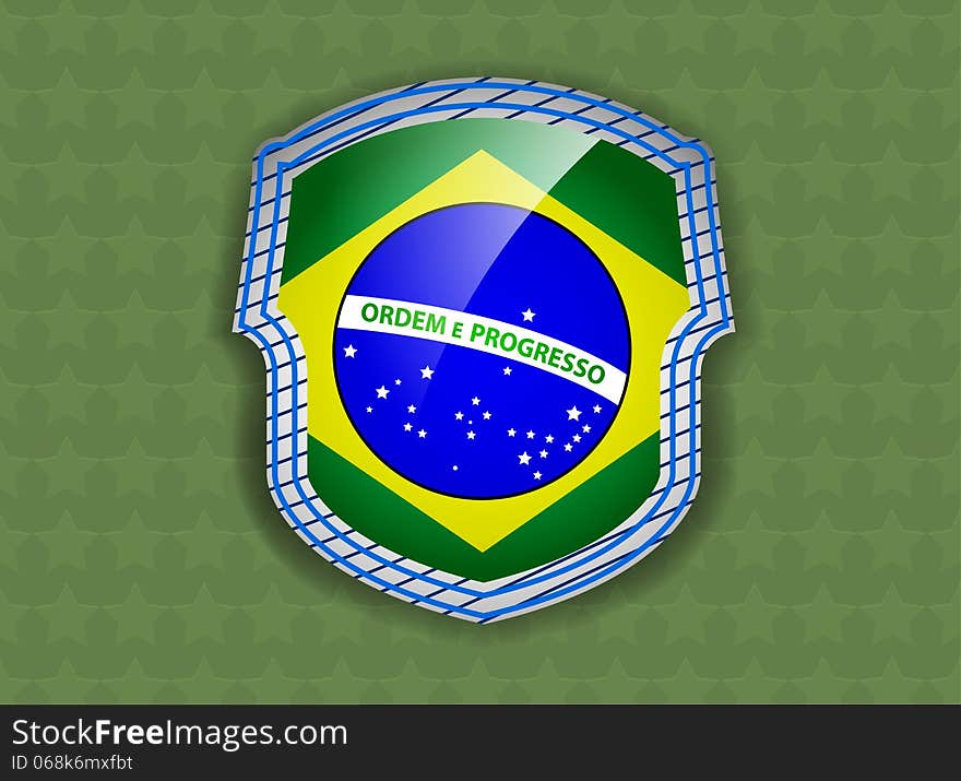 Beautiful flag of Brazil shield on a green stars background