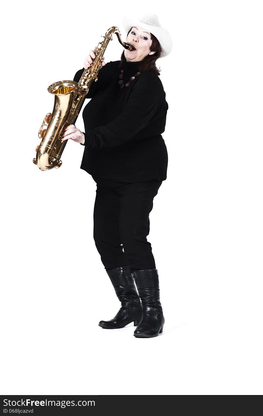 Woman in black playing saxophone on white background. Woman in black playing saxophone on white background