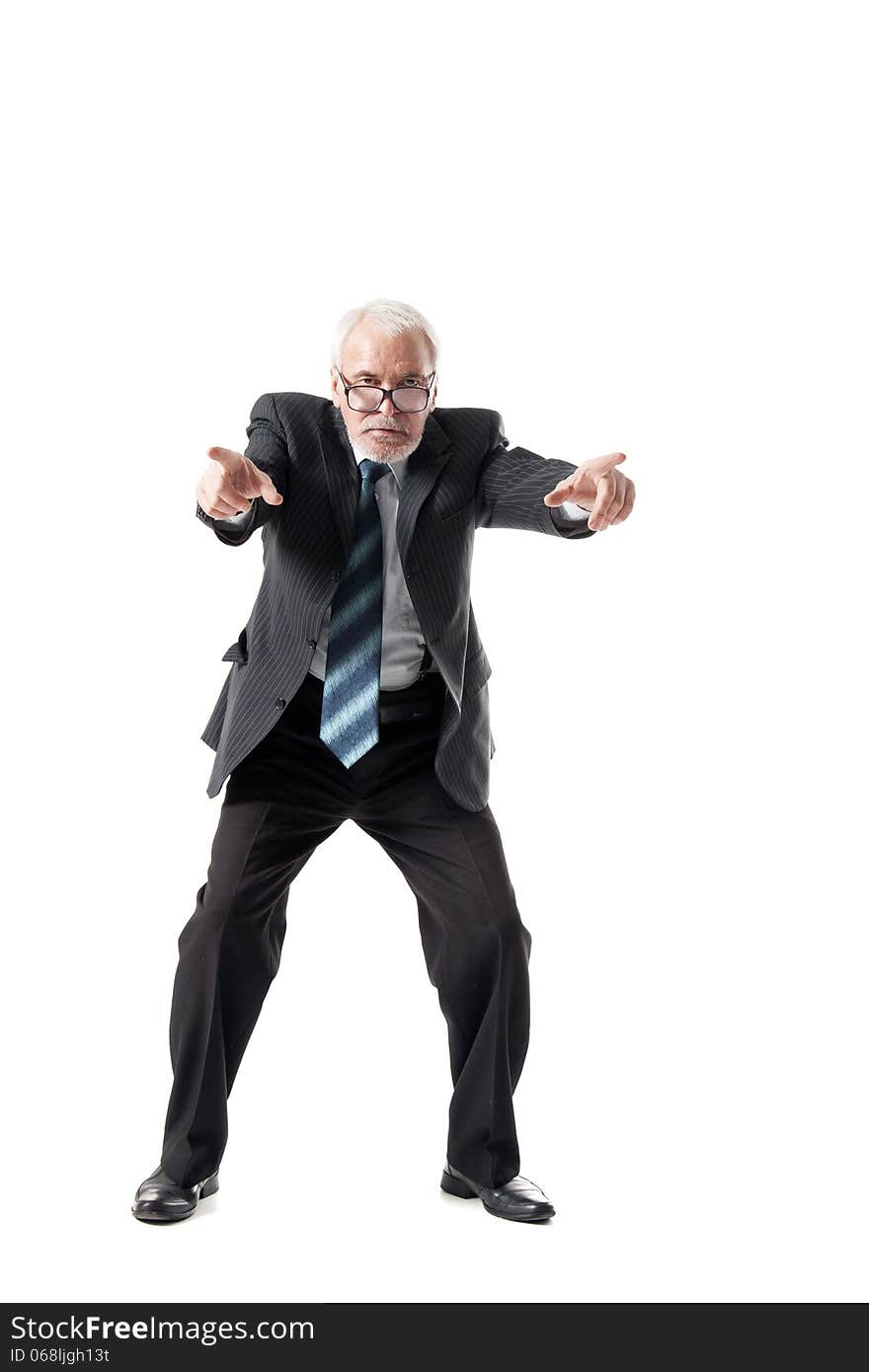 Senior business man pointing to the straight isolated over white background