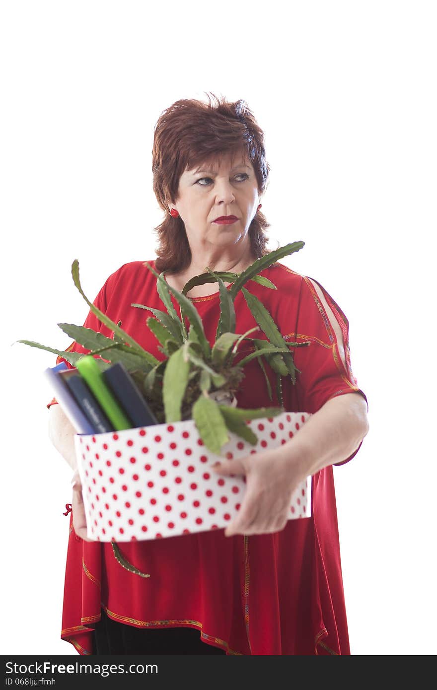 Full length portrait of a fired woman carrying a box of personal items isolated on white background