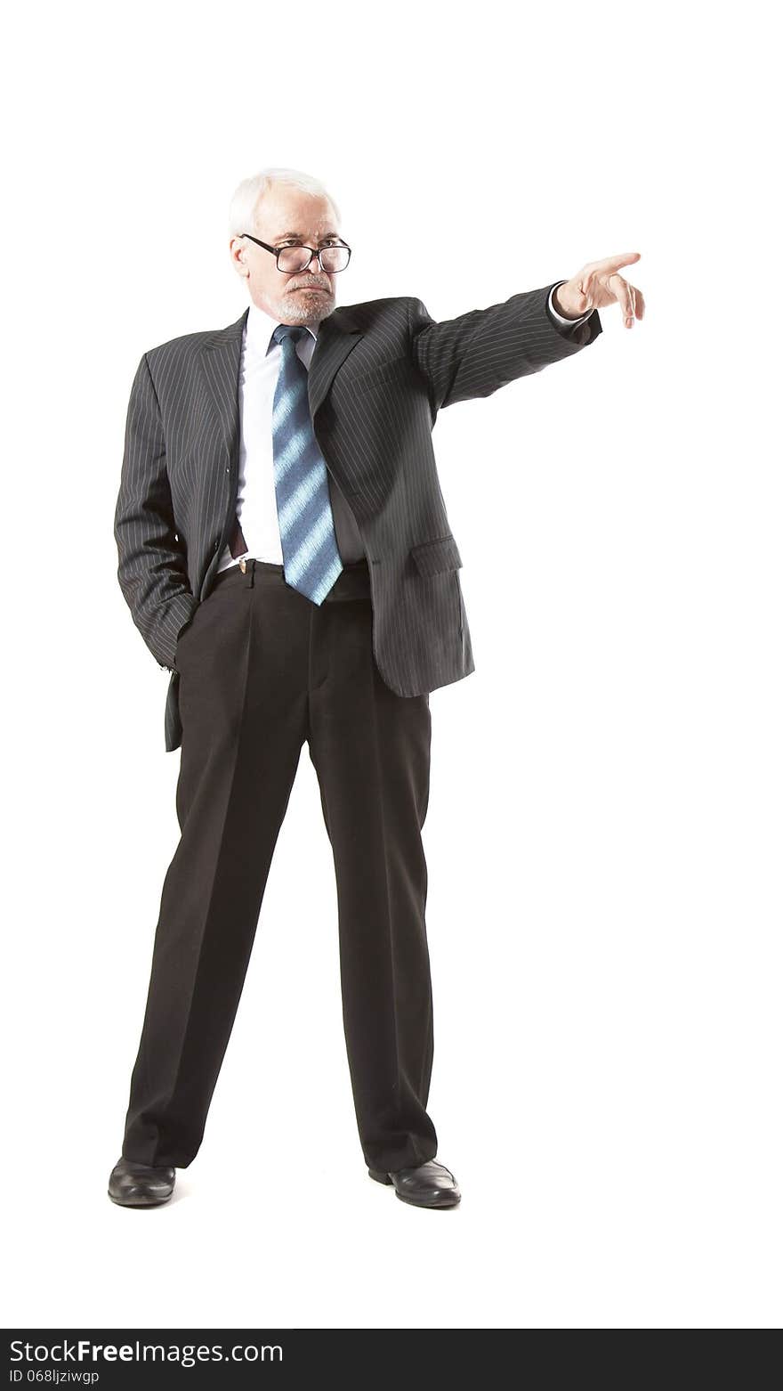 Senior business man pointing to the straight isolated over white background