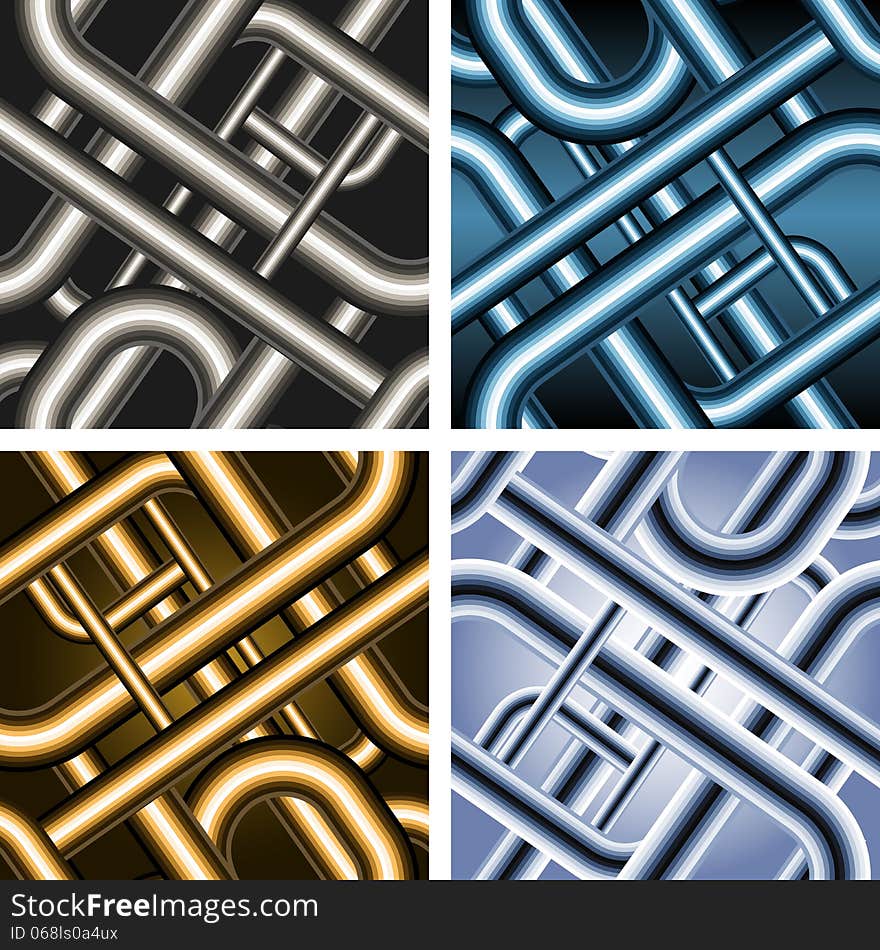 Set of four seamless pipe patterns drawn in different color variations. Each variation contains separate background.