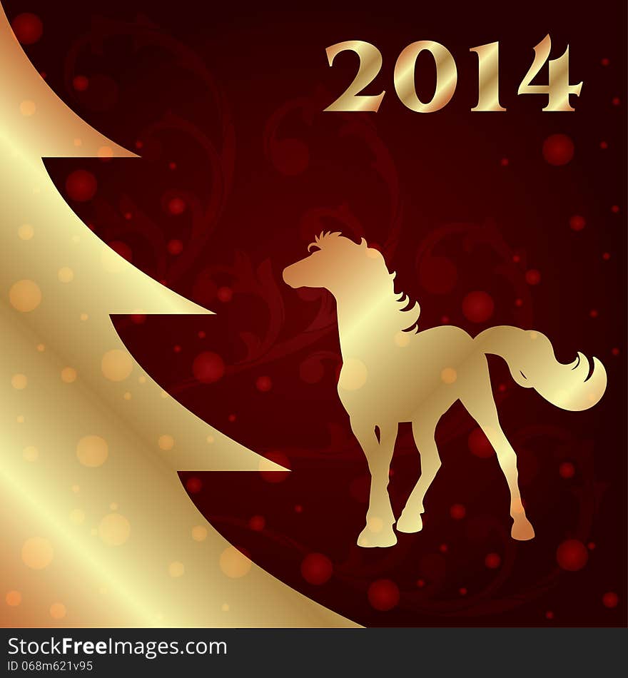 Background with horse silhouette and Christmas tree