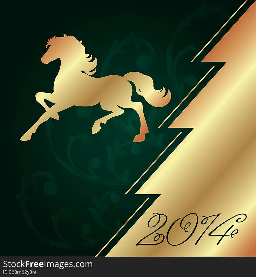 Background with horse silhouette and Christmas tree, vector illustration