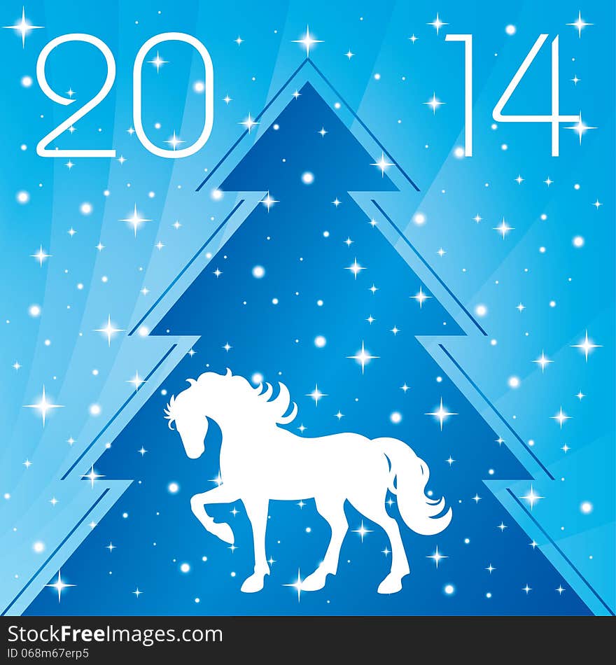 Background with horse silhouette and Christmas tree, vector illustration