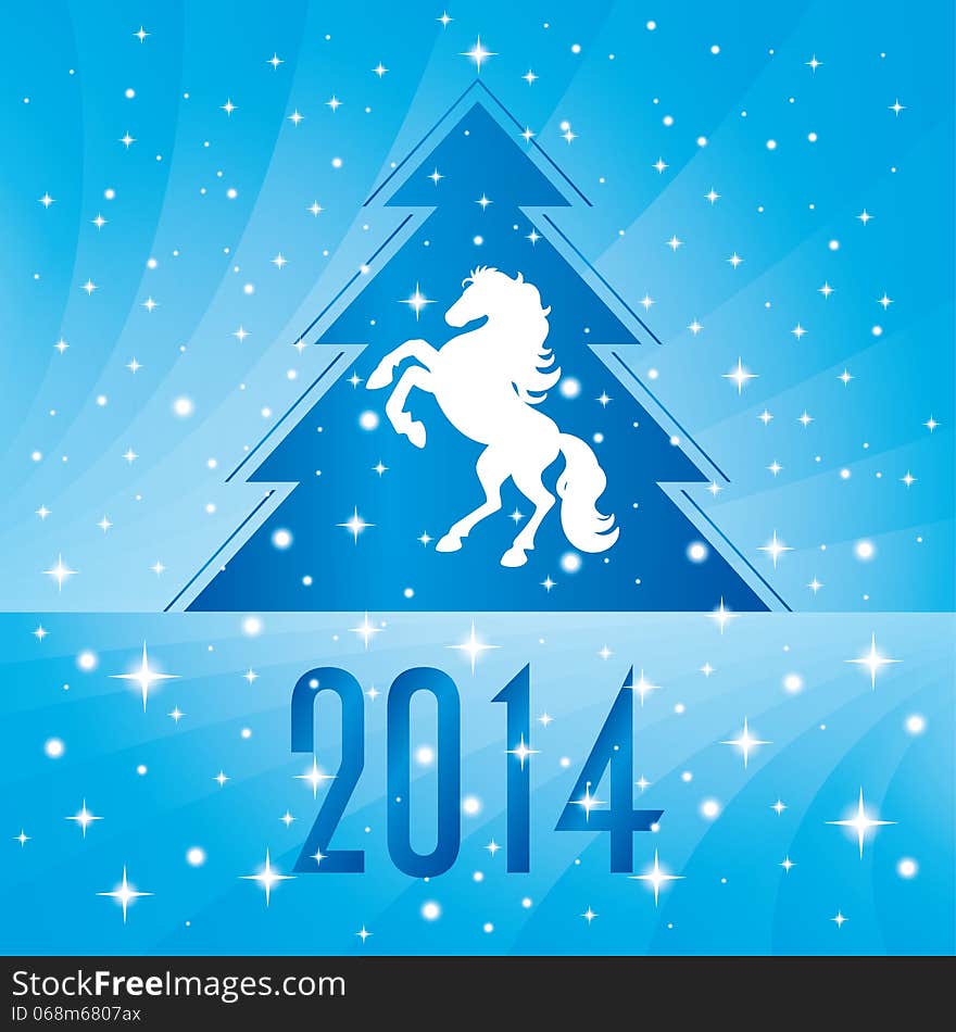 Background with horse silhouette and Christmas tree, vector illustration