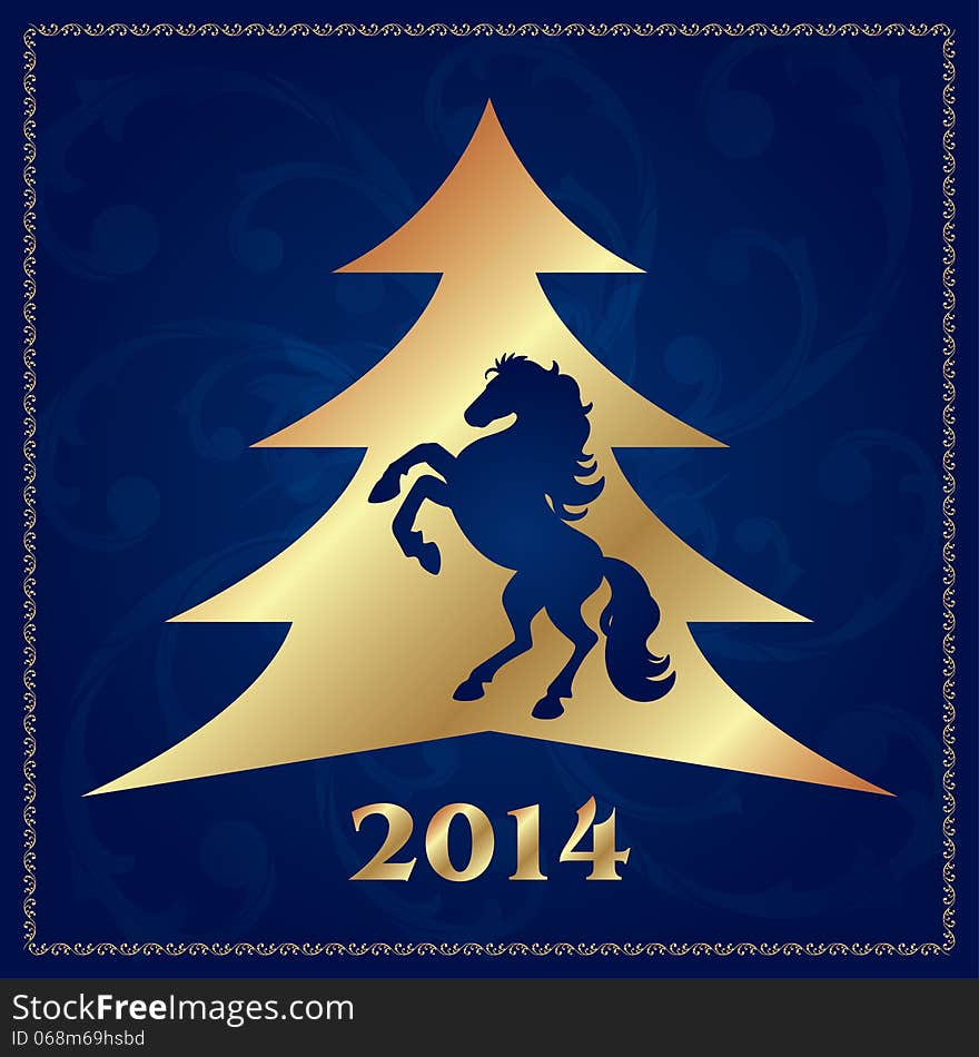 Background with horse silhouette and Christmas tree, vector illustration