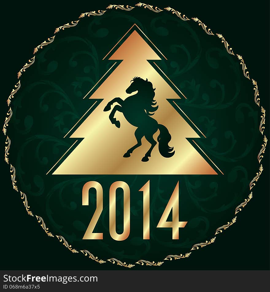 Background with horse silhouette and Christmas tree, vector illustration