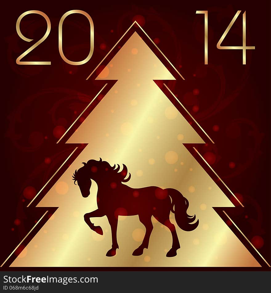 Background with horse silhouette and Christmas tree