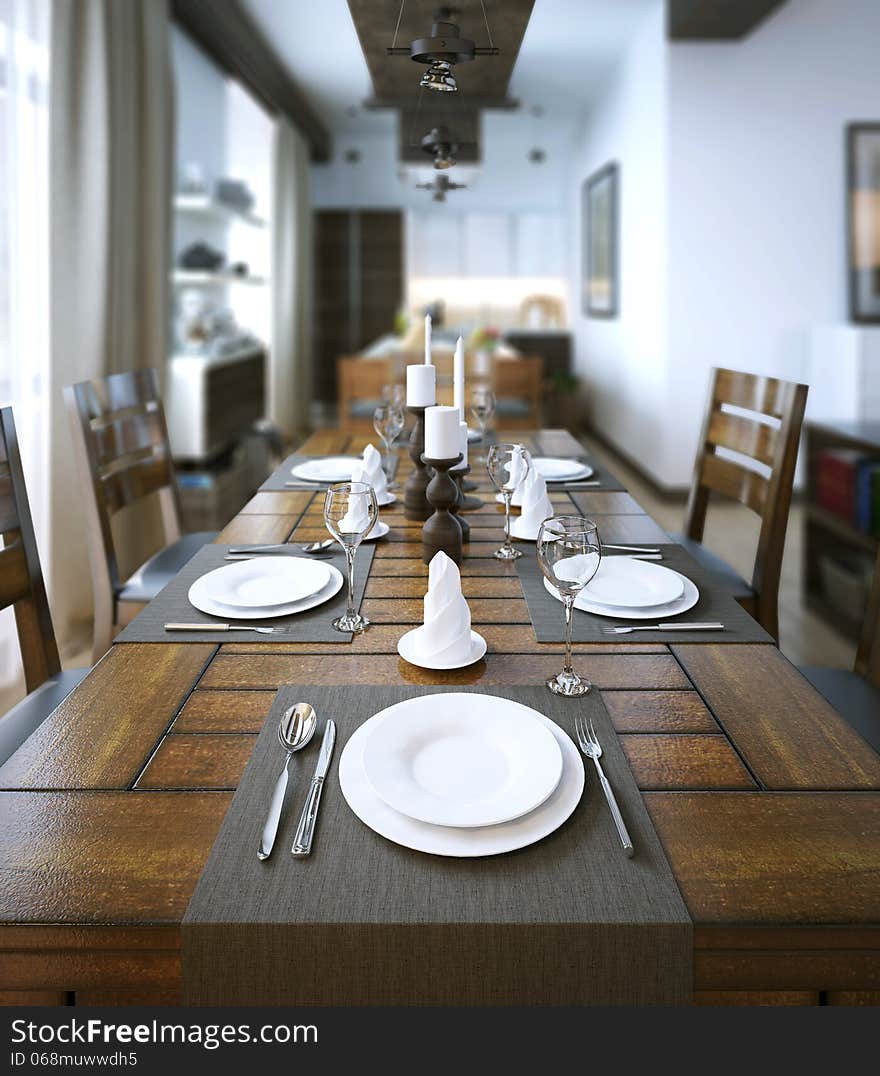 Dining table, rustic style. 3D image