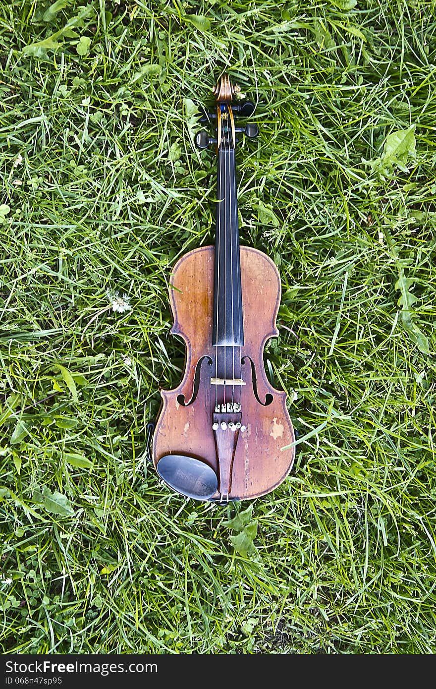 Outdoor shot of a violin on the grass. Daylight.