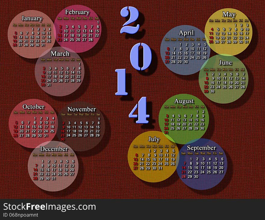 Calendar For 2014 Year With Multicolor Rounds