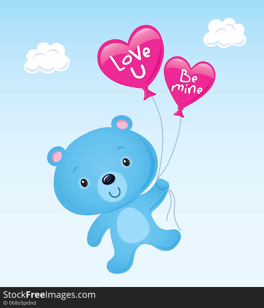 Cartoon illustration of a cute, blue Valentine's Day bear holding two pink heart shaped balloons that sayLove U and Be mine while floating in the sky with two clouds in the background. Cartoon illustration of a cute, blue Valentine's Day bear holding two pink heart shaped balloons that sayLove U and Be mine while floating in the sky with two clouds in the background.