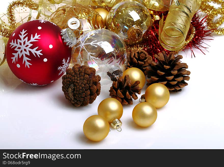 Christmas decorations on white background