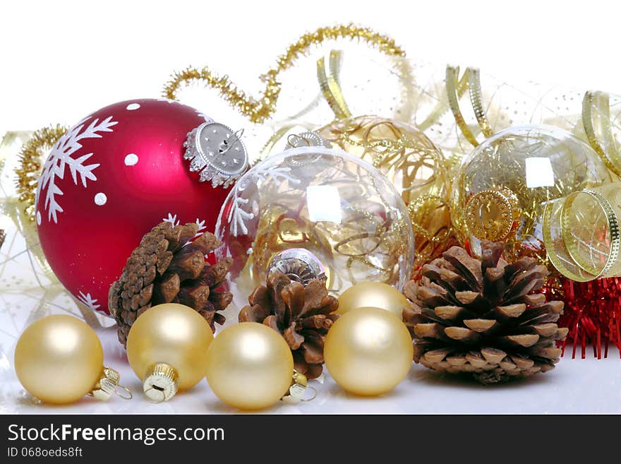 Christmas decorations on white background