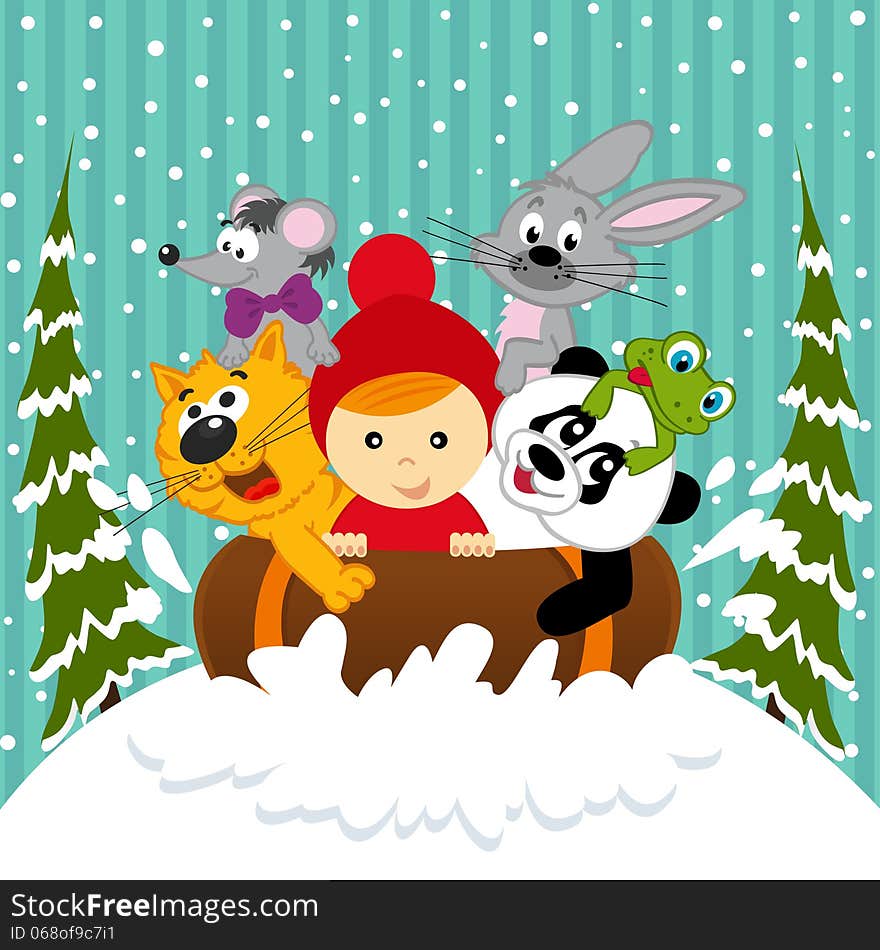 Boy and animals together sledging - vector illustration