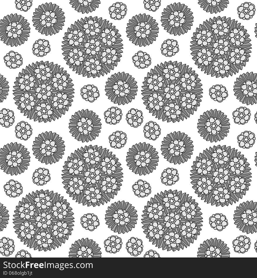 Seamless background with a circular floral pattern, grayscale vector illustration. Seamless background with a circular floral pattern, grayscale vector illustration