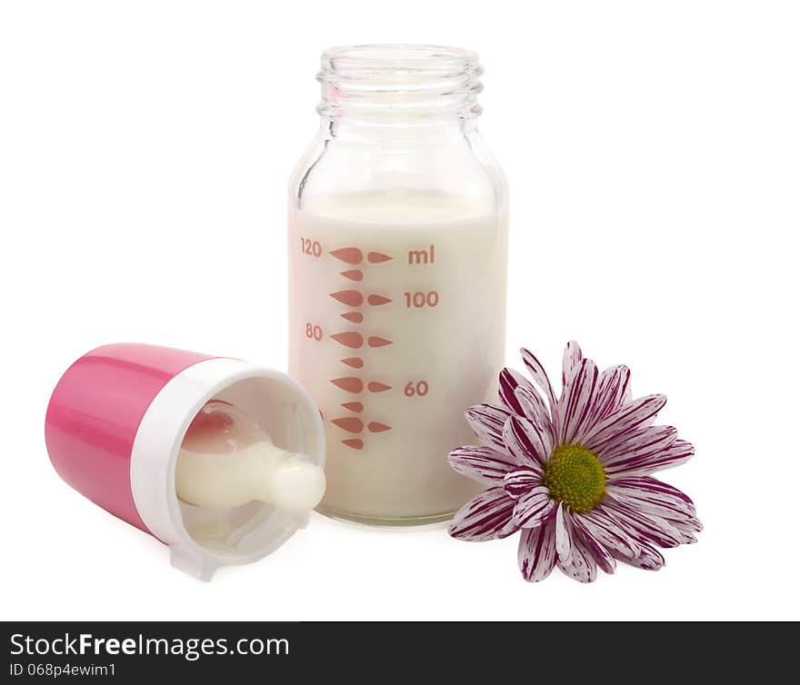 Open milk bottle with daisy flower isolated. Open milk bottle with daisy flower isolated