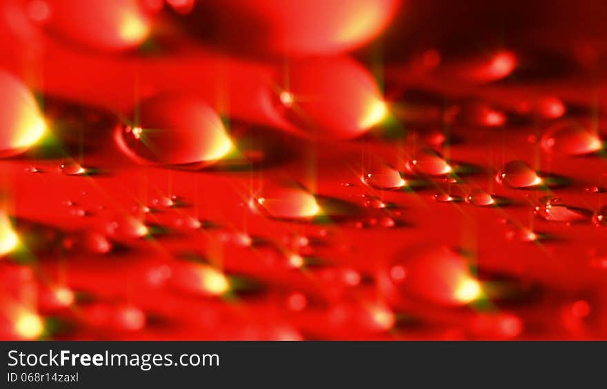 Large drops of water. Close-up. Tinted in red. Large drops of water. Close-up. Tinted in red