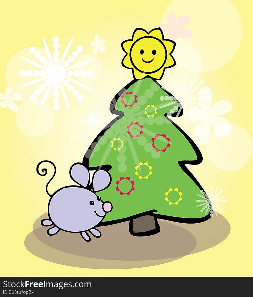 Vector graphic image with christmas tree and funny little mouse. Vector graphic image with christmas tree and funny little mouse