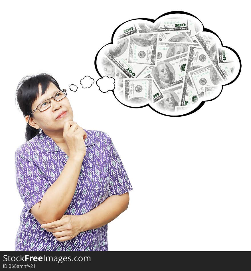 Asian Senior Woman Thinking To Money