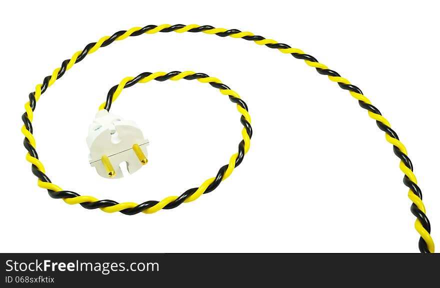 Electric plug with yellow-black wire, twisted in a spiral, isolated on white background. Electric plug with yellow-black wire, twisted in a spiral, isolated on white background