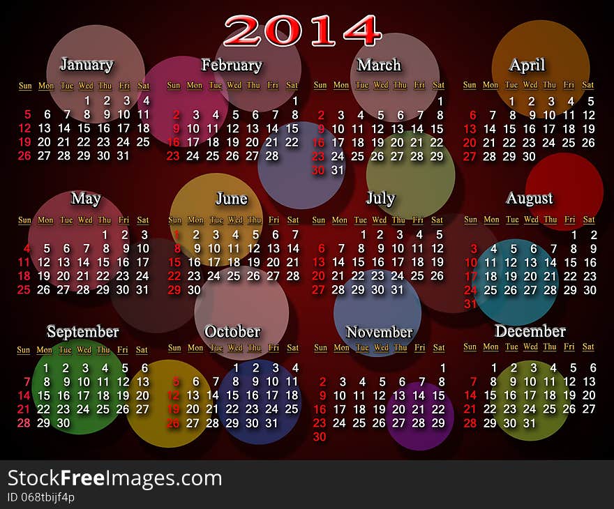 Calendar for 2014 year with multicolor rounds