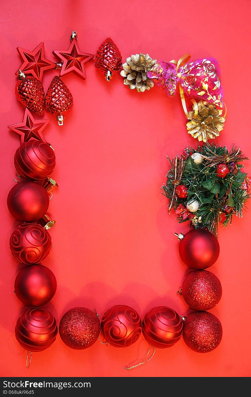 Red Cristmas decoration on red background. Red Cristmas decoration on red background.