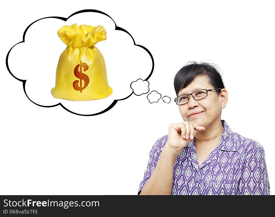 Asian senior woman thinking to money