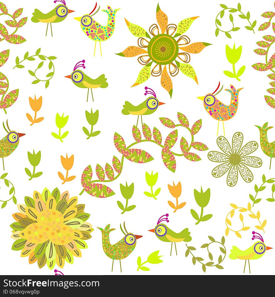 Cute Seamless Pattern With Cartoon Bird And Flower