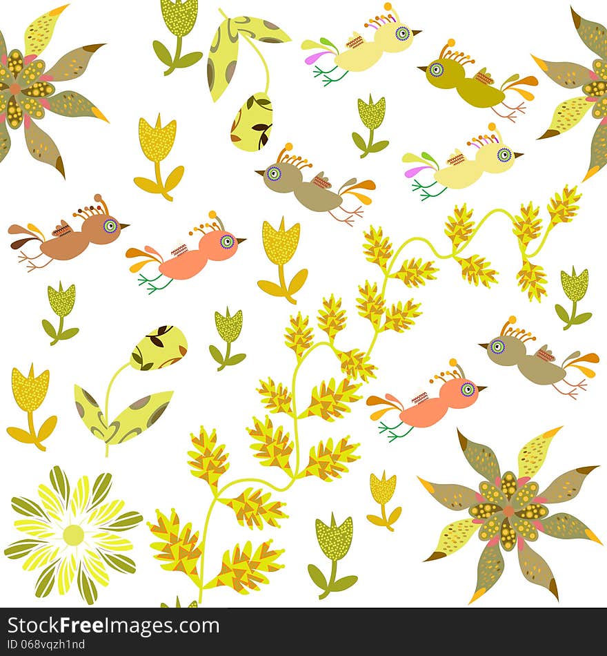 Cute seamless pattern with cartoon bird and flower