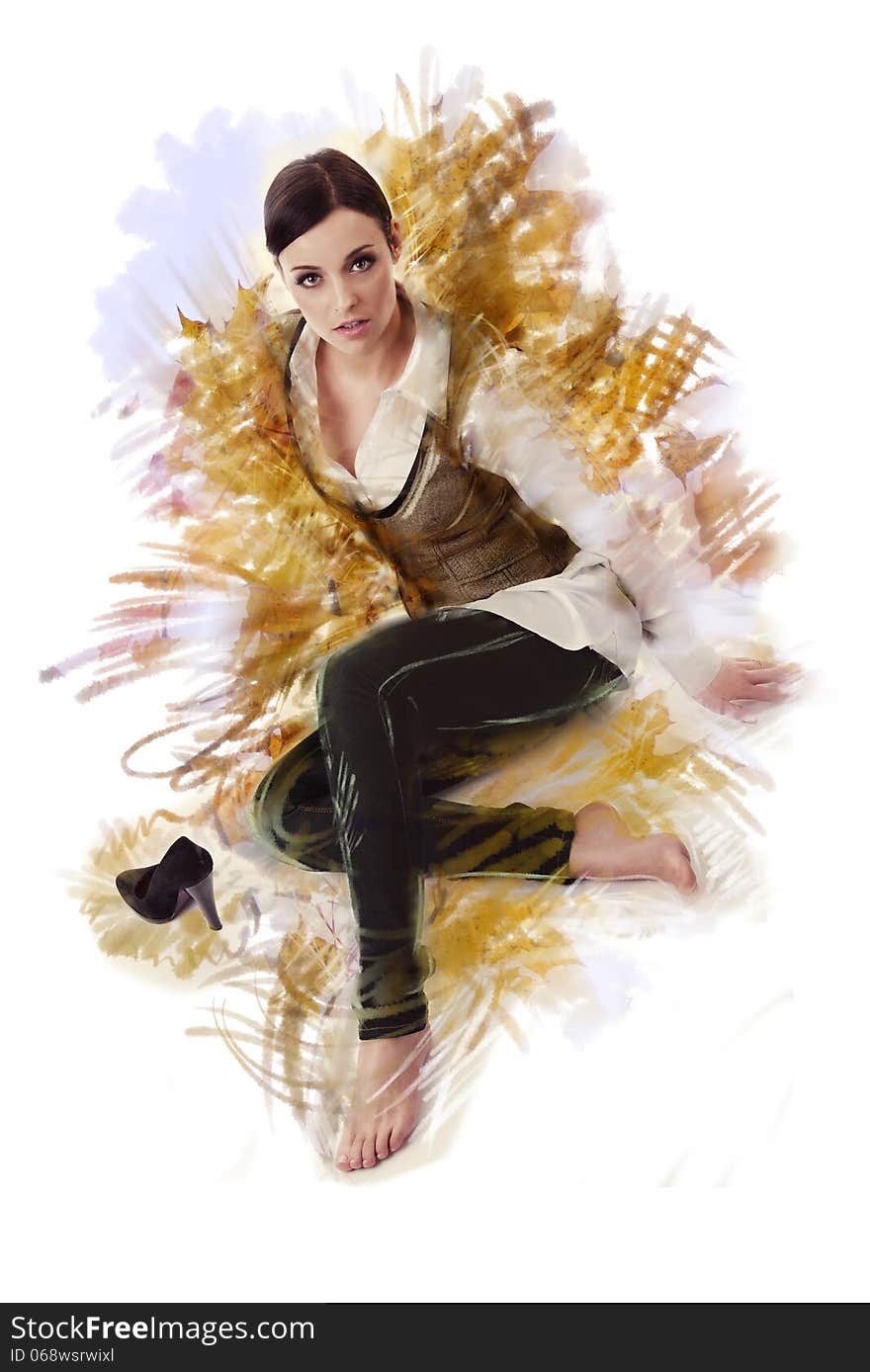 Picture-sketch of young brunette woman sitting in a pose on the ground and looking up straight to the camera, she is barefoot, with one black high-heel shoe beside her. Around this woman are many autumn reminding colorful lines drawn by hand.Isolated over white background. Picture-sketch of young brunette woman sitting in a pose on the ground and looking up straight to the camera, she is barefoot, with one black high-heel shoe beside her. Around this woman are many autumn reminding colorful lines drawn by hand.Isolated over white background.