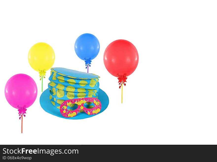 Colorful balloons and hat with mask for party and carnival on white