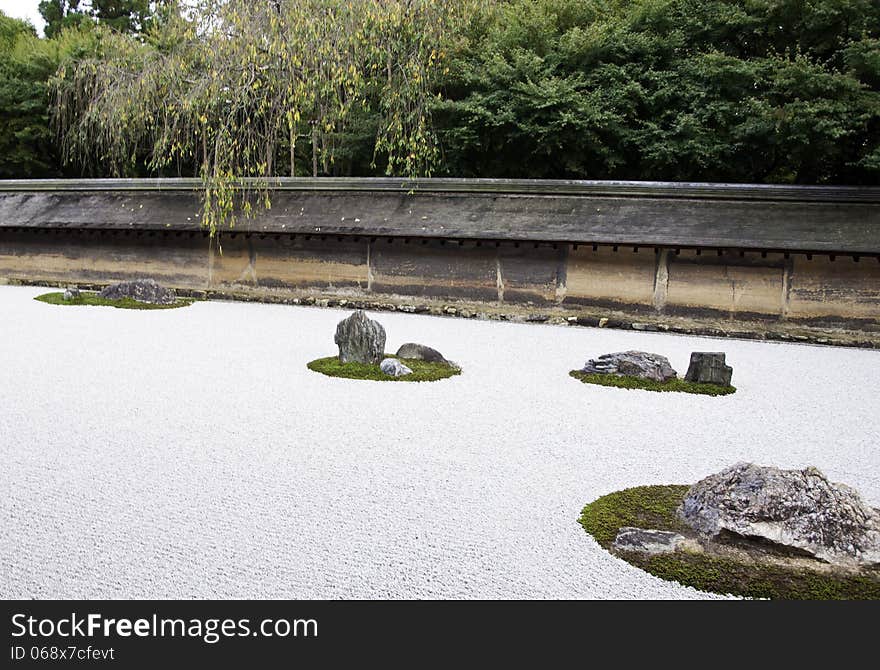 Famous zen garden of the Ryoan-ji temple in Kyoto, Japan