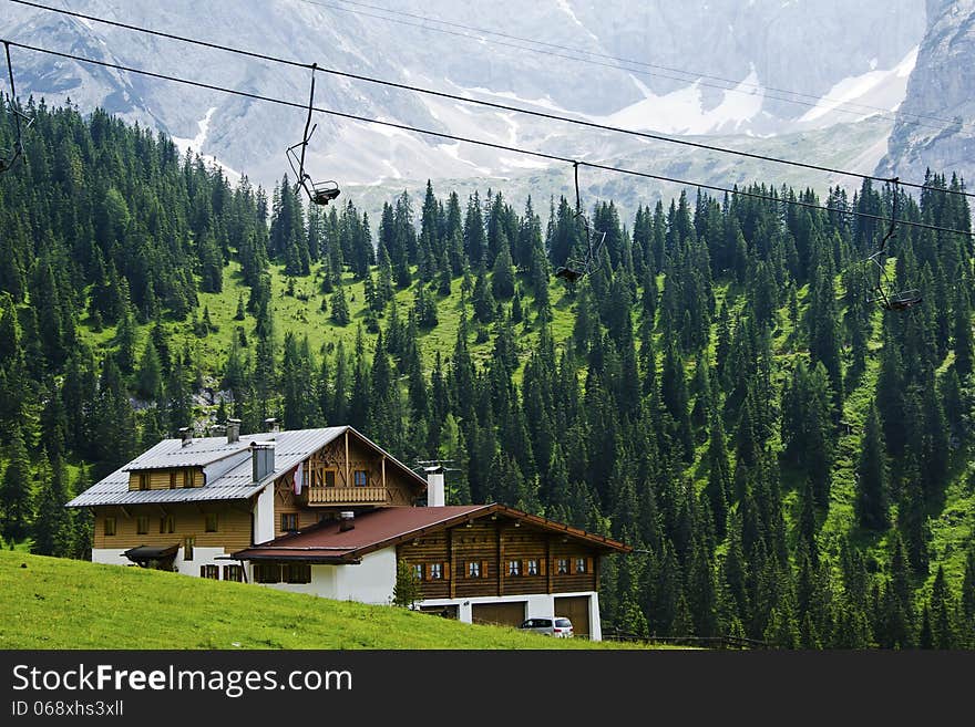 Lonely House in a skiing resort on a the alps maintains ,Austria.