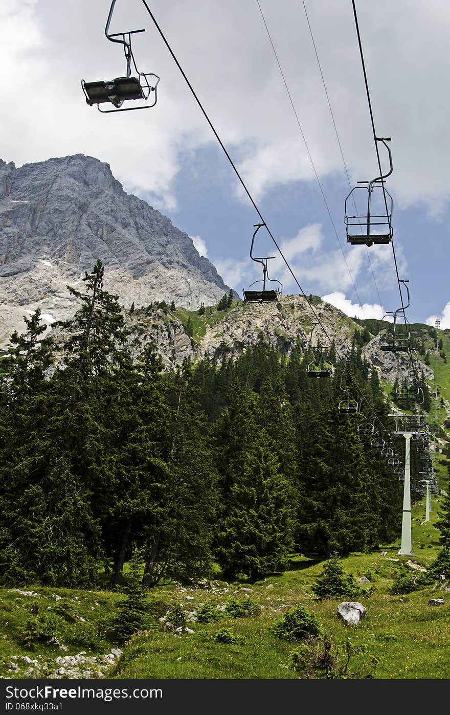 Funicular in the Alps in the background of high peak mountain, Austria