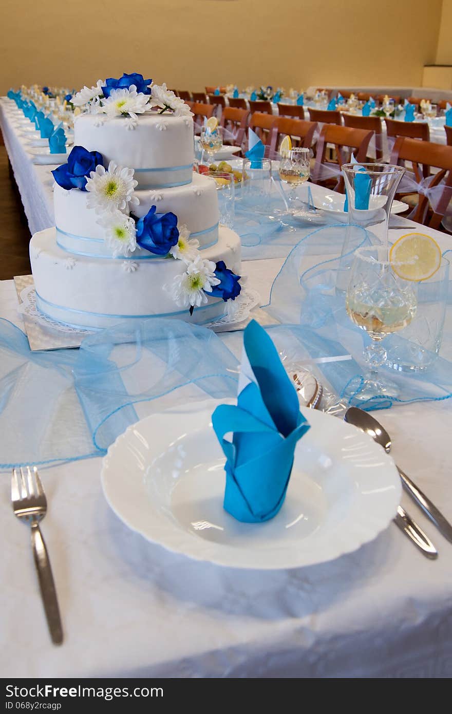 Wedding table with a Wedding Cake all decorated in blue.