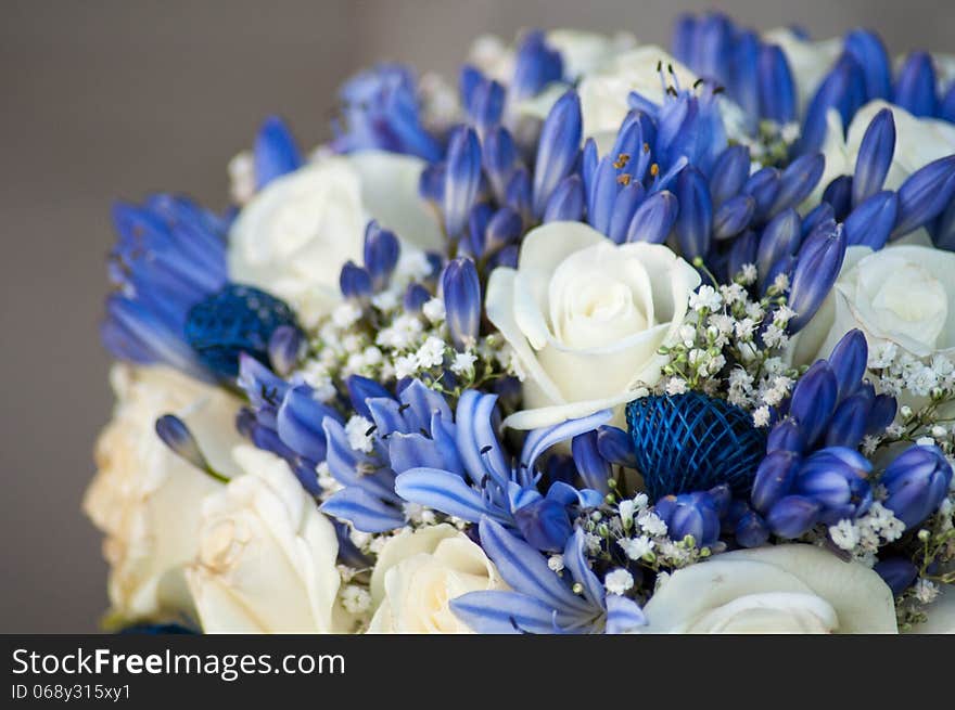 Bunch of white roses and blue flowers. Bunch of white roses and blue flowers.