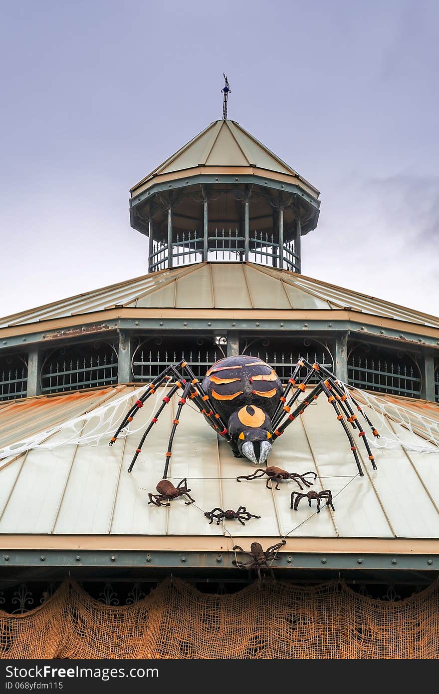 Big spider on a roof Halloween decoration